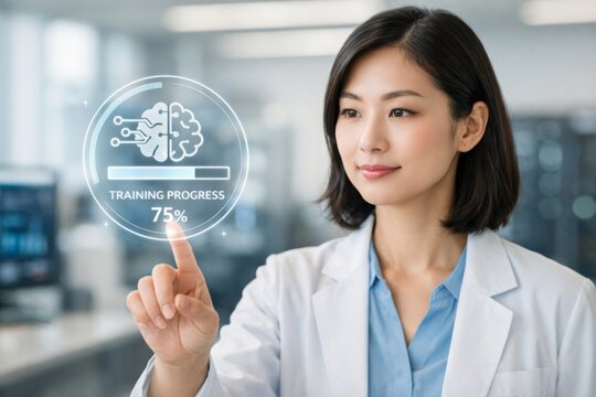 Asian female scientist in a lab coat interacting with a digital interface, showcasing training progress on artificial intelligence. - Powered by Adobe