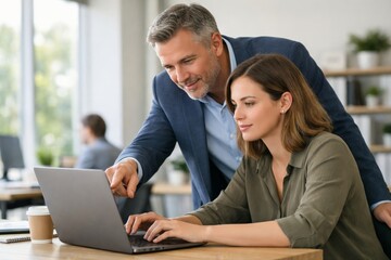 A middle-aged Caucasian man collaborates with a young Hispanic woman at a laptop in a bright, modern office.