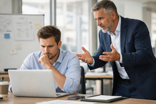 A Caucasian middle-aged man gives instructions to a younger male colleague in a modern office setting. - Powered by Adobe