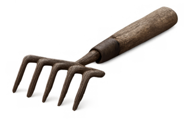 Hand rake garden tool for cultivating soil and planting, isolated on a transparent background