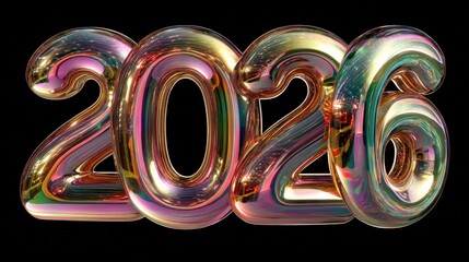 Colorful metallic numbers "2026" against a black background, representing a futuristic theme or celebration.