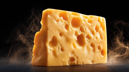 Cheese Lovers Day Textured golden block of Swiss cheese displaying large holes with smoke rising on a dark surface