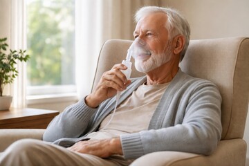 Senior Caucasian man using a nebulizer at home, enjoying a moment of tranquility in a comfortable setting.
