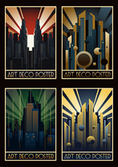 Art Deco Illustration Set Retro Posters Style. Futuristic City, Skyscrapers, Spotlights, Geometric Shapes. Vector Templates for Art Deco Placards, Covers, Illustrations