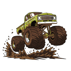 Vibrant monster truck illustration dynamically jumping through mud, showcasing off-road power and extreme sport excitement © Bayani
