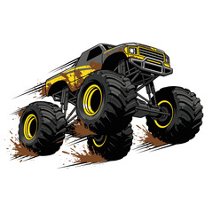 Dynamic monster truck illustration, kicking up mud and dirt, embodying powerful off-road action and thrilling vehicle excitement © Bayani