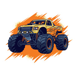 Dynamic Monster Truck Illustration Extreme Off-Road Adventure with Powerful Wheels and Vibrant Splash Background Graphic © Bayani