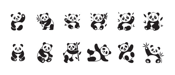 Fototapeta premium Panda character set with bamboo elements funny animal poses for stickers posters children education