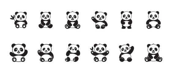 Smiling panda face icons set minimalist black and white animal head illustrations for web app icons © FARJANAAKTER