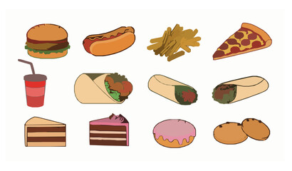 Colorful fast food circle vector illustration with junk food items