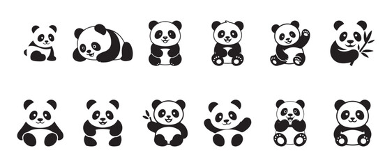 Diverse panda poses vector set from sitting to lying down black white animal icons for book design © FARJANAAKTER