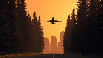 Silhouetted Jetliner Soaring Over Distant City at Sunset, Framed by Tall Pine Trees.