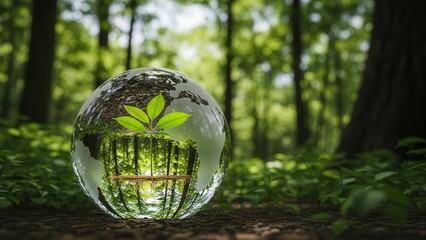 Sustainable Environmental Development concept, small tree on Crystal globe glass in green forest to protect nature. Eco-friendly esg conservation care. Earth clean and ecology, Green business