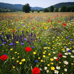 Vast field overflows with vibrant wildflowers beneath rolling, tree-covered hills