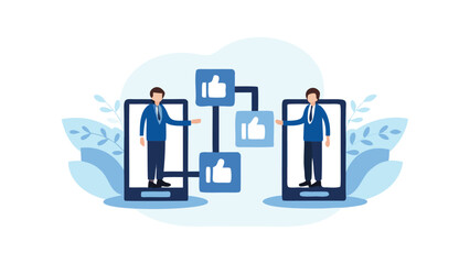 Businessmen connect through social media on smartphones with thumbs up