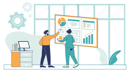 Business colleagues analyzing data on whiteboard in modern office setting