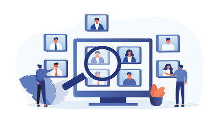 People searching and interacting with digital profiles on large computer screen