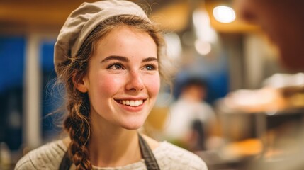 Young woman with braided hair wearing a chef's hat and apron smiles warmly in a bustling kitchen, showcasing her passion for culinary arts and vibrant atmosphere