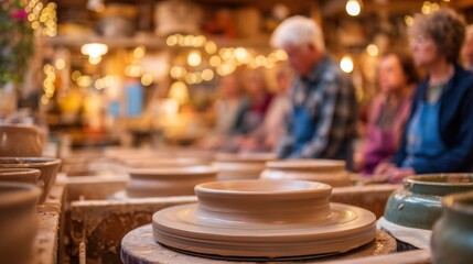 Group of individuals engaged in pottery making, focused on spinning clay on wheels, surrounded by warm lighting and artistic ambiance, showcasing creativity and craftsmanship