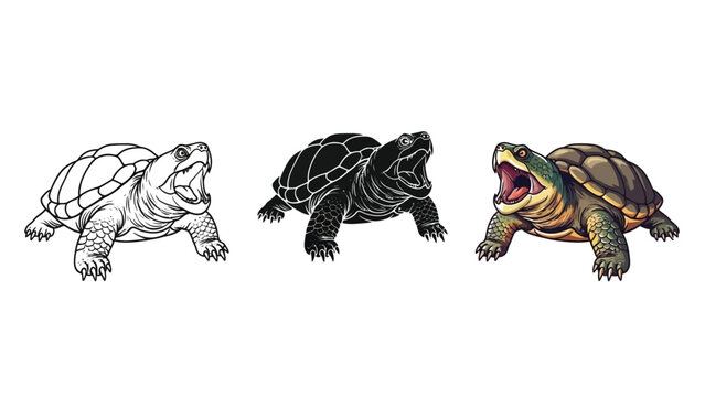Three styles of snapping turtle illustration line art, silhouette and full color