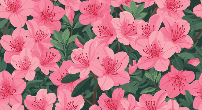 A vibrant illustration showcases a dense bush of delicate pink azalea flowers blooming amidst lush green foliage, creating a beautiful floral pattern.