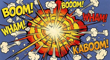 Dynamic comic book style explosion radiates outward with onomatopoeia text