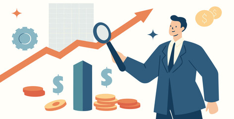 Businessman analyzing financial growth with magnifying glass and rising chart