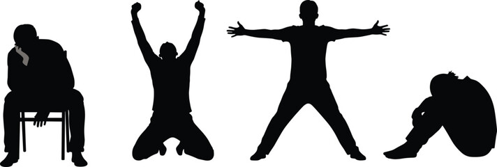 Human emotion silhouettes showing stress despair hope freedom depression mental health concepts expressive body language black vector illustration set collection © MdTajemul