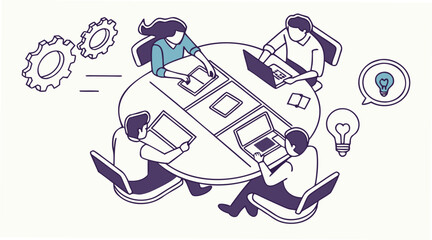 Team collaboration and brainstorming meeting with laptops and light bulb ideas