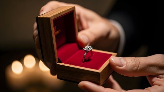 A romantic proposal scene with a diamond ring in a wooden box on Valentines day