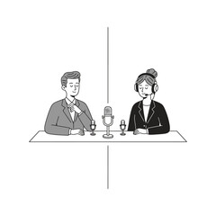 Hand drawn vector illustration of a man and woman recording a podcast or radio show in a studio with microphones and headphones, concept of broadcasting and media interview.
