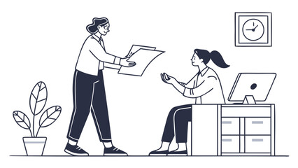 Businesswoman handing documents to colleague in modern office setting