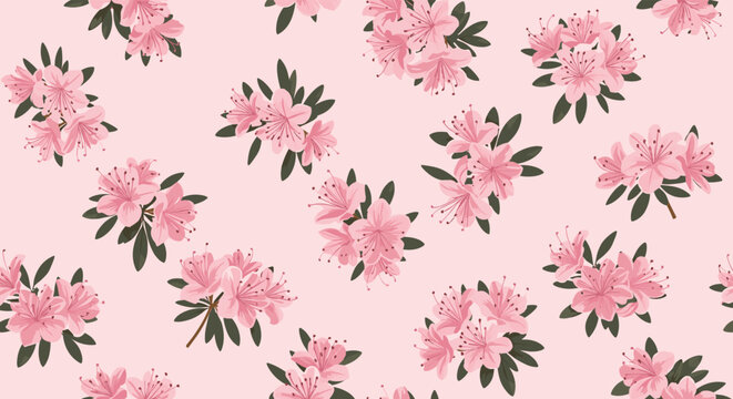 Seamless pattern with pink azalea flowers and dark green leaves on a soft pastel pink background, ideal for spring themes.