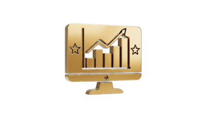Golden monitor displaying growth chart and stars