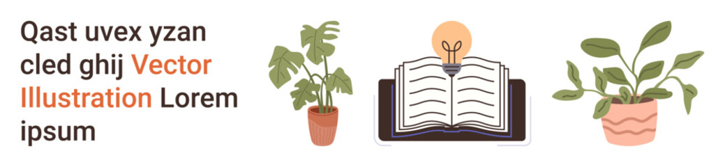 Knowledge, creativity, education, inspiration, home decor, learning. Open book with a glowing lightbulb above and two potted plants on either side. Knowledge and creativity concept © robu_s