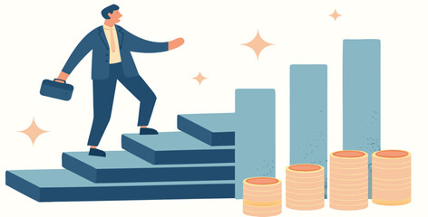Businessman climbing success stairs with growing graph and money