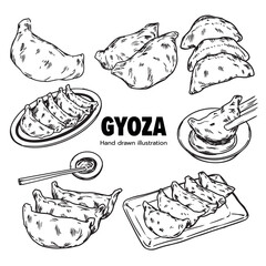 Set of hand drawn streamed and deep fried Gyoza outline drawing illustration