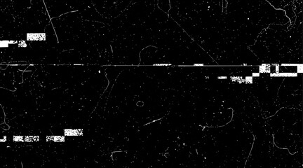 Old film texture with scratches, noise and glitch shapes. Realistic overlay film texture in black-white, dust and grain.