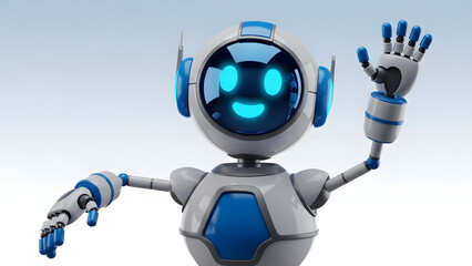 A friendly white and blue robot with glowing blue eyes and a smiley face, waving its hand.