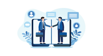 Businessmen shaking hands on smartphones with chat icons and briefcases