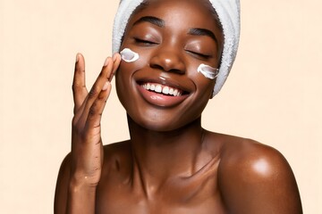 Smiling Woman Applying Facial Cream with Head Wrap