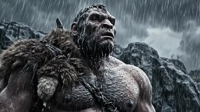 Neanderthal man with muscular body enduring rain in prehistoric rugged mountains, ancient savage caveman in wild nature