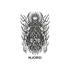 Njord norse god of the sea skeleton character with trident and tentacles in vintage woodcut engraving style.
