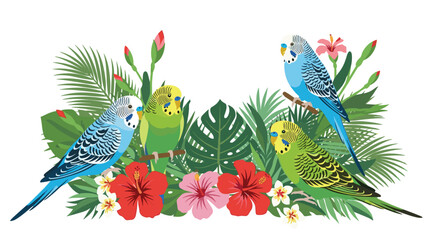 Vibrant budgerigars perched among lush tropical foliage and colorful hibiscus flowers, creating an exotic, summery scene.