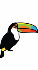 Obraz premium Colorful cartoon toucan perched with a large vibrant beak in tropical rainforest setting.