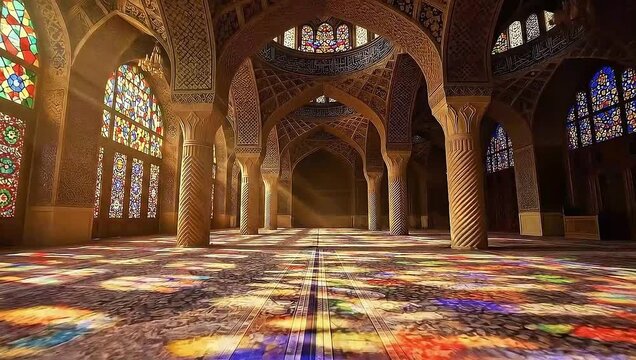 Interior of Nasir al-Mulk Mosque with Colorful Stained Glass Light Patterns