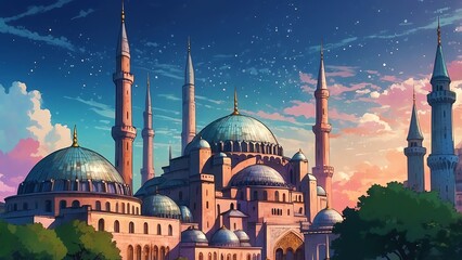 ゲーム背景　夕日と美しいアラビアンファンタジー風の宮殿