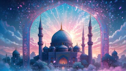 ゲーム背景　薄明の早朝美しいアラビアンファンタジー風の宮殿