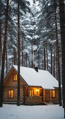 Cozy wooden dwelling nestled deep within a snow-covered evergreen forest setting