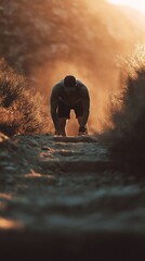 Determined Athlete Climbing Rocky Trail at Sunrise